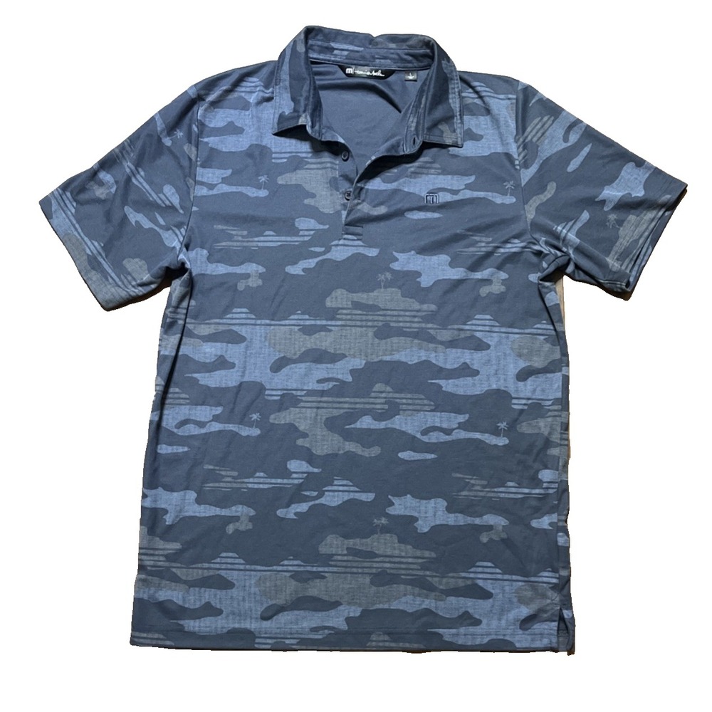 Travis Mathew Golf Polo Shirt Blue Gray Camo Print Pima Cotton Mens L